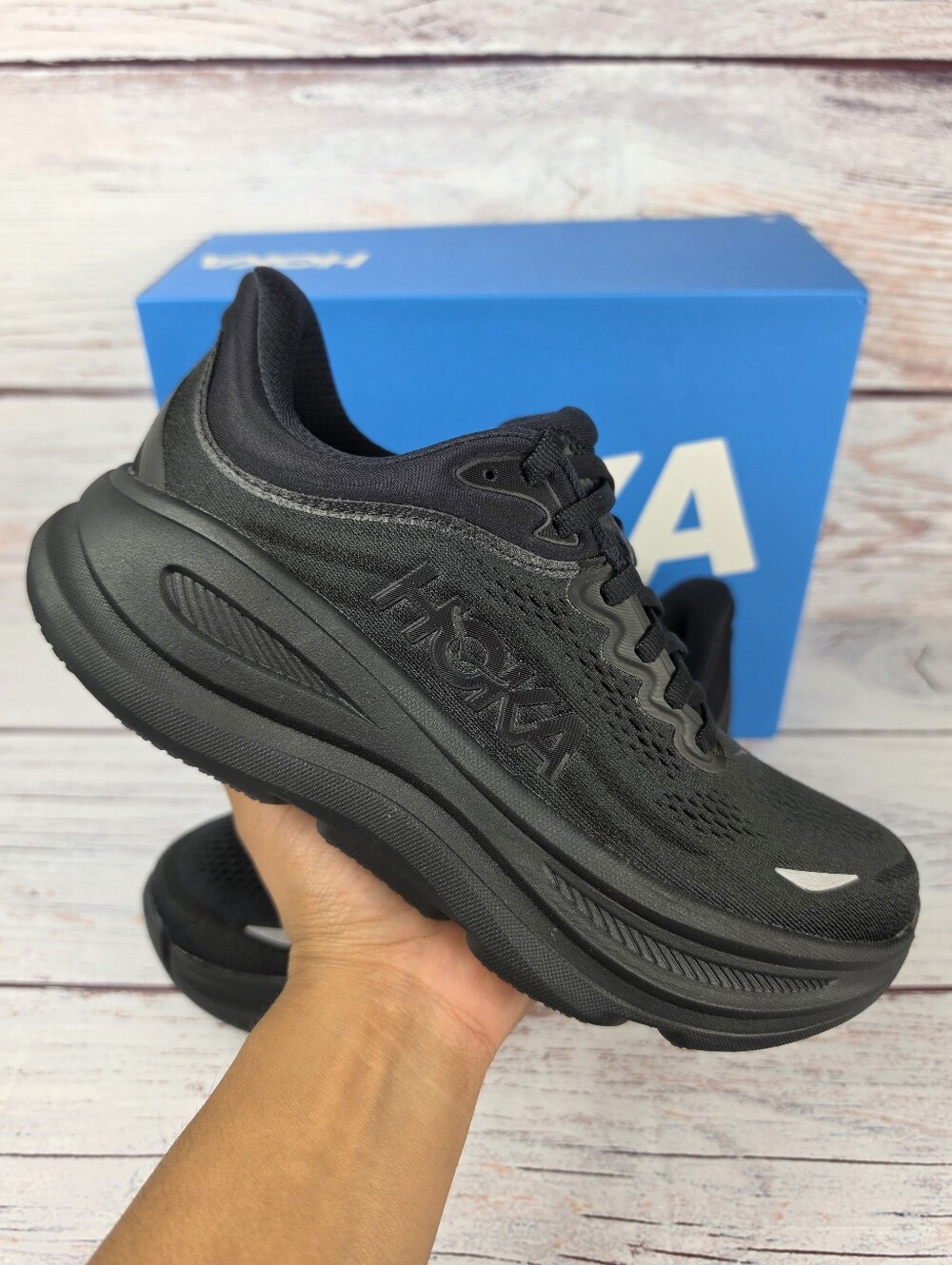 NEW Hoka Bondi 9 Running Shoes Triple Black Womens Size 7 WIDE Athletic Training